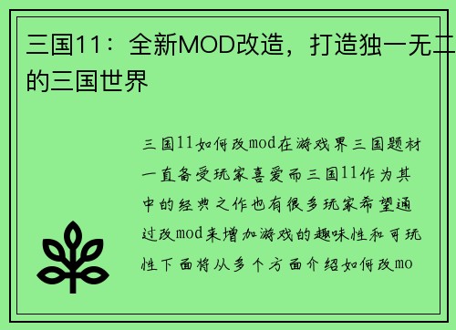 三国11：全新MOD改造，打造独一无二的三国世界