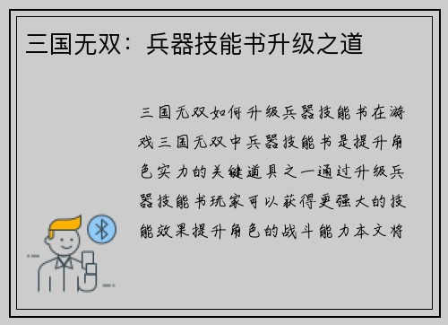 三国无双：兵器技能书升级之道